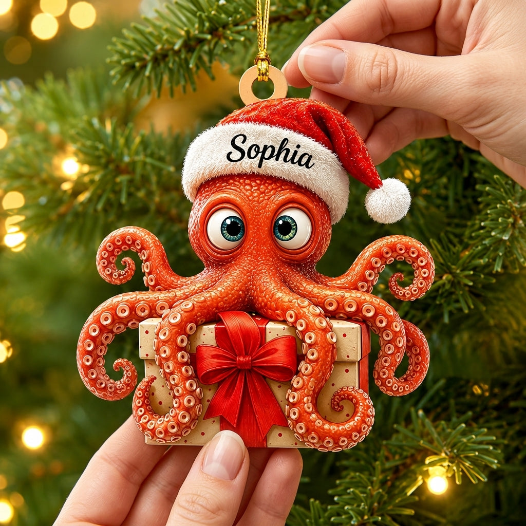 Personalized Cute Octopus With Santa Hat Wood & Acrylic Ornament – Custom Holiday Gift - mockup 2