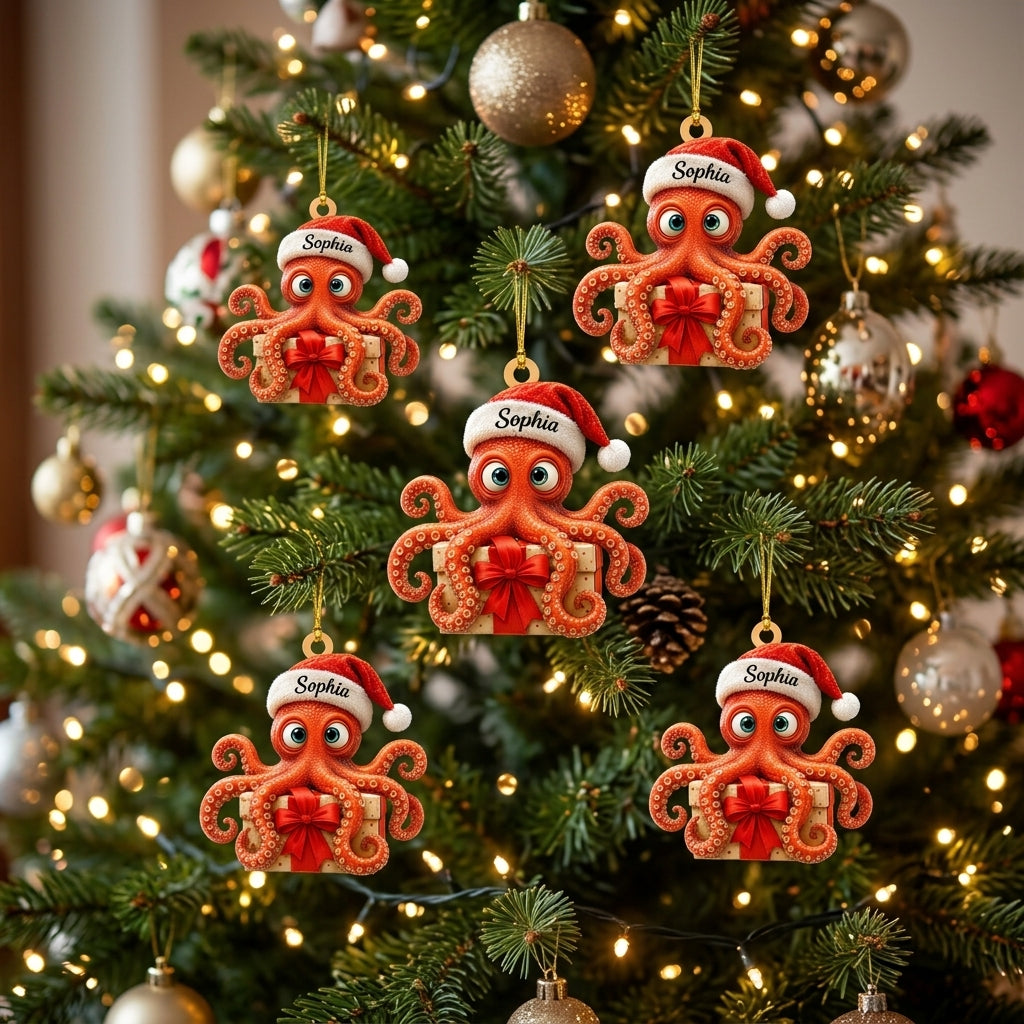 Personalized Cute Octopus With Santa Hat Wood & Acrylic Ornament – Custom Holiday Gift - mockup 3