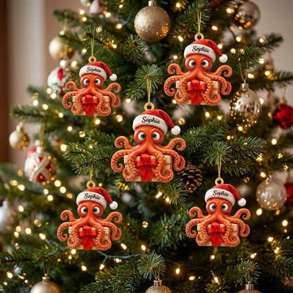 Personalized Cute Octopus With Santa Hat Wood & Acrylic Ornament – Custom Holiday Gift - mockup 3