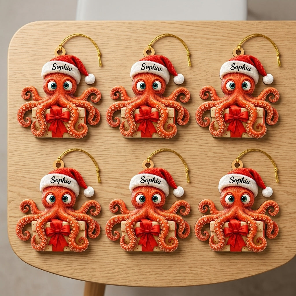 Personalized Cute Octopus With Santa Hat Wood & Acrylic Ornament – Custom Holiday Gift - mockup 4