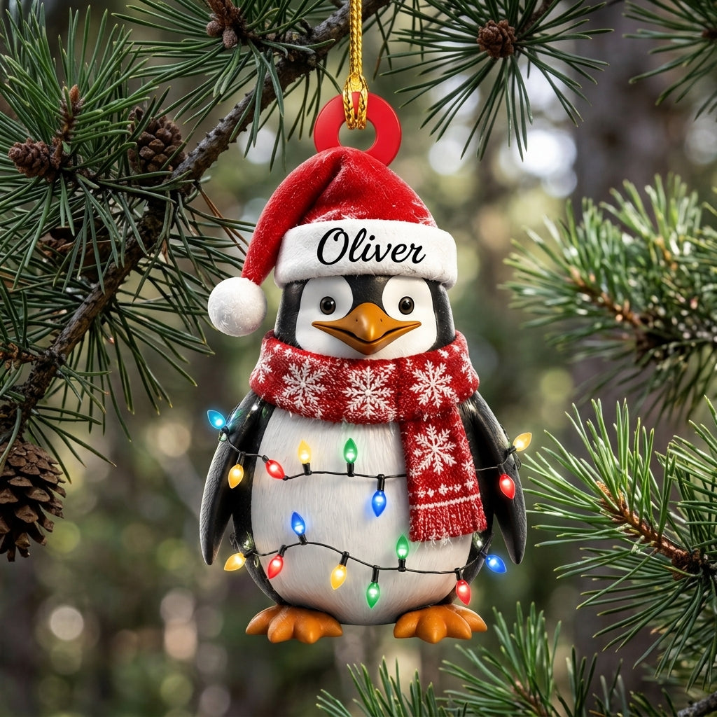Personalized Cute Penguin Christmas Wood & Acrylic Ornament – Gift for Kids - mockup 1