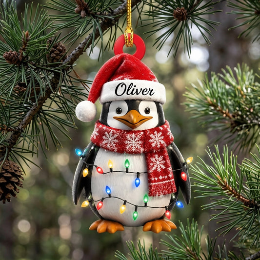 Personalized Cute Penguin Christmas Wood & Acrylic Ornament – Gift for Kids - mockup 1