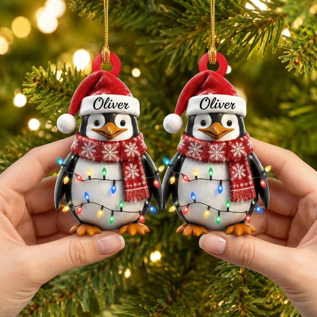 Personalized Cute Penguin Christmas Wood & Acrylic Ornament – Gift for Kids - mockup 2