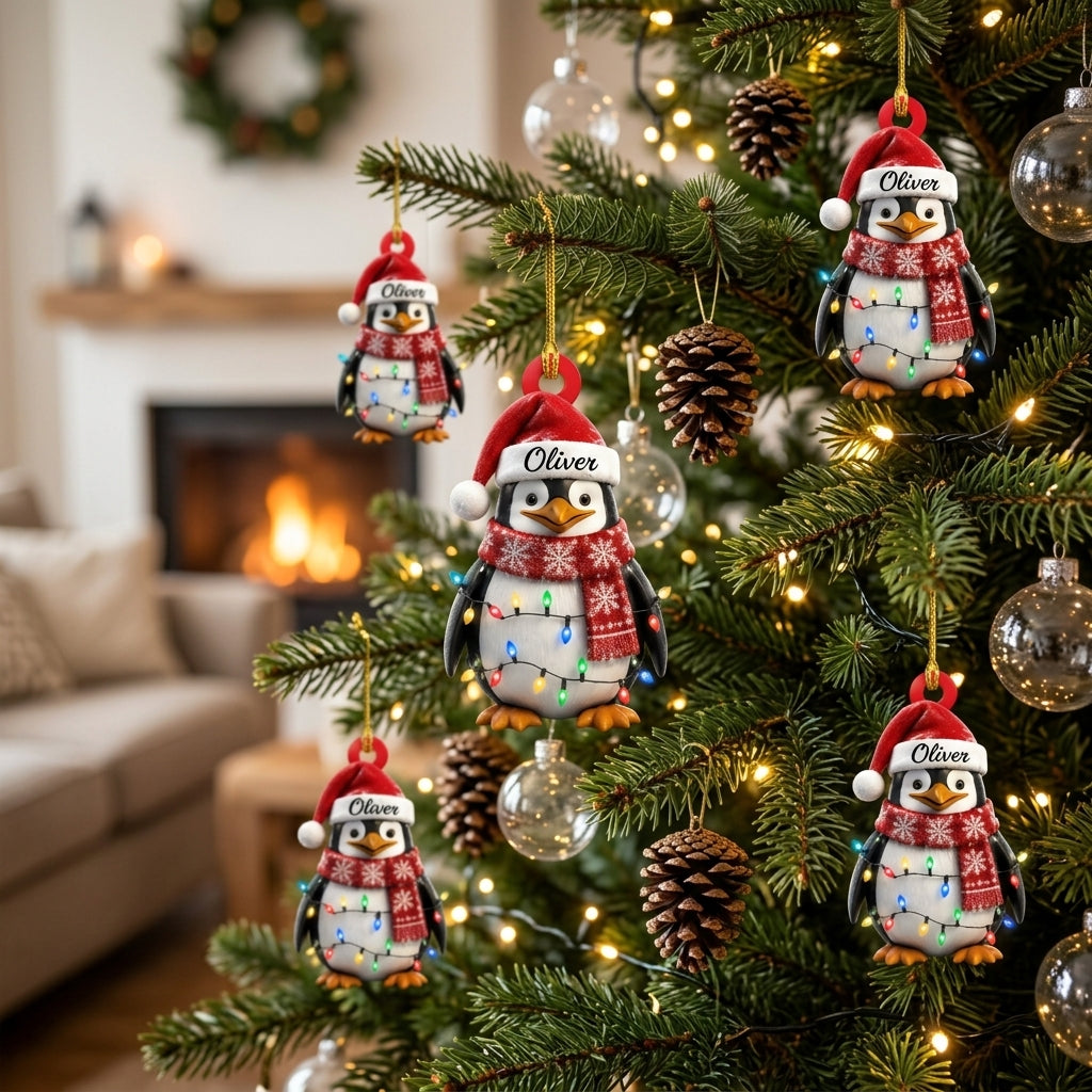 Personalized Cute Penguin Christmas Wood & Acrylic Ornament – Gift for Kids - mockup 3
