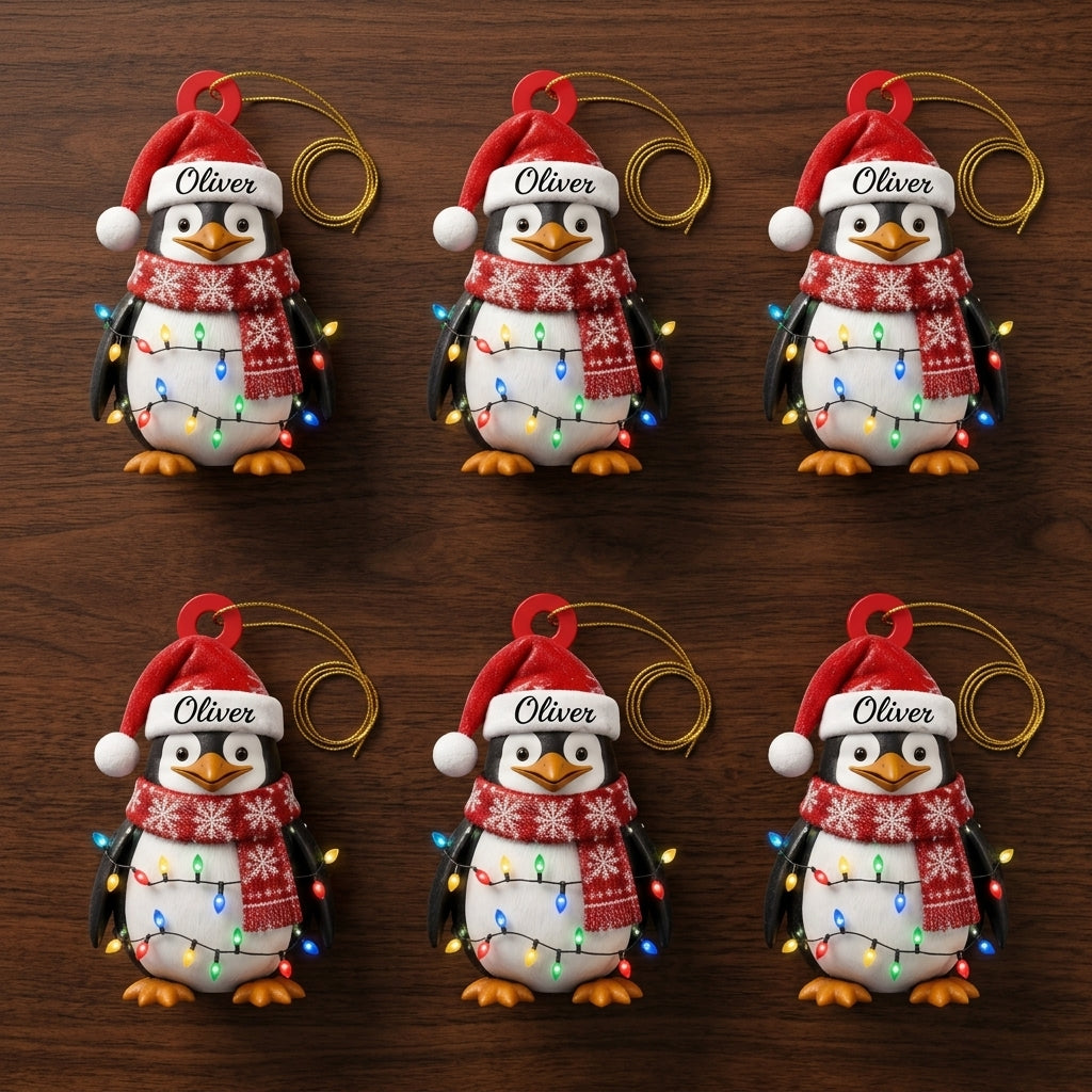 Personalized Cute Penguin Christmas Wood & Acrylic Ornament – Gift for Kids - mockup 4