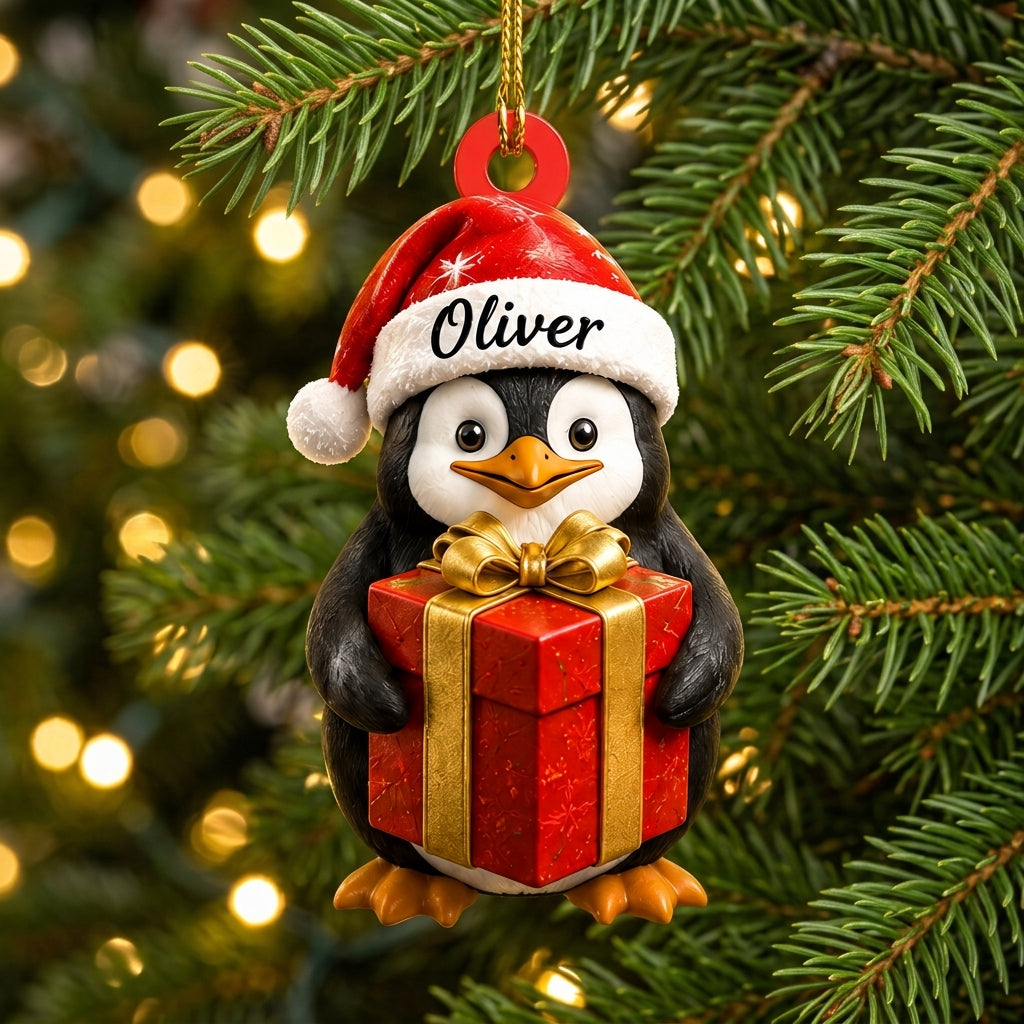 Personalized Cute Penguin Christmas Wood & Acrylic Ornament – Animal Gift for Kids - mockup 1