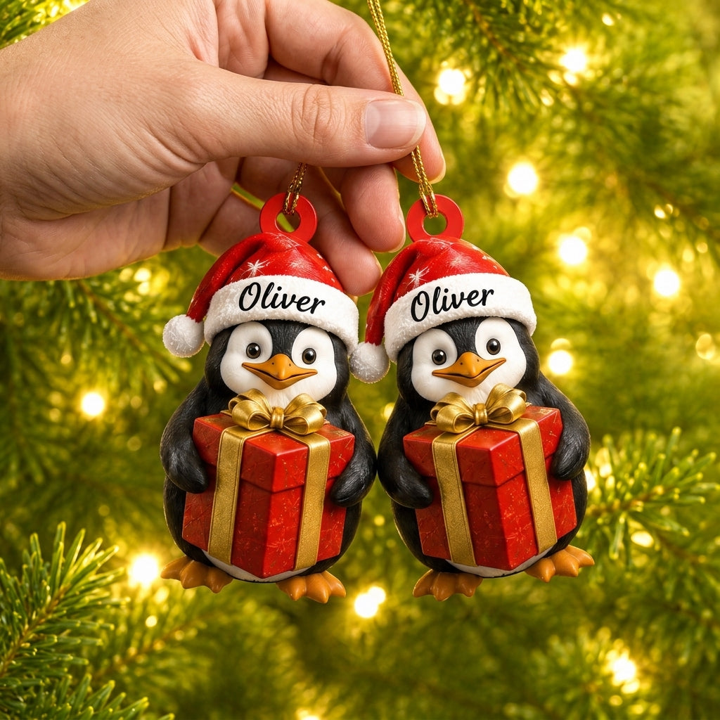 Personalized Cute Penguin Christmas Wood & Acrylic Ornament – Animal Gift for Kids - mockup 2