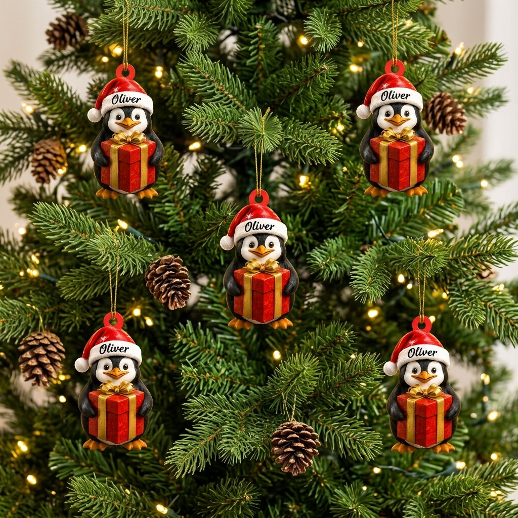 Personalized Cute Penguin Christmas Wood & Acrylic Ornament – Animal Gift for Kids - mockup 3