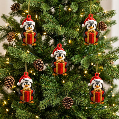 Personalized Cute Penguin Christmas Wood & Acrylic Ornament – Animal Gift for Kids - mockup 3