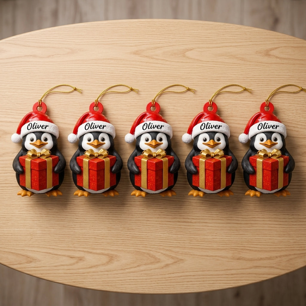 Personalized Cute Penguin Christmas Wood & Acrylic Ornament – Animal Gift for Kids - mockup 4