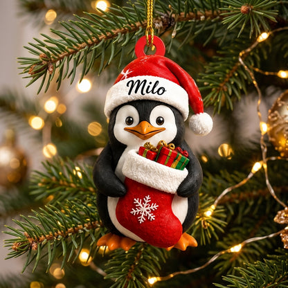 Personalized Penguin with Christmas Stocking Wood & Acrylic Ornament - Custom Gift for Penguin Lovers - mockup 1