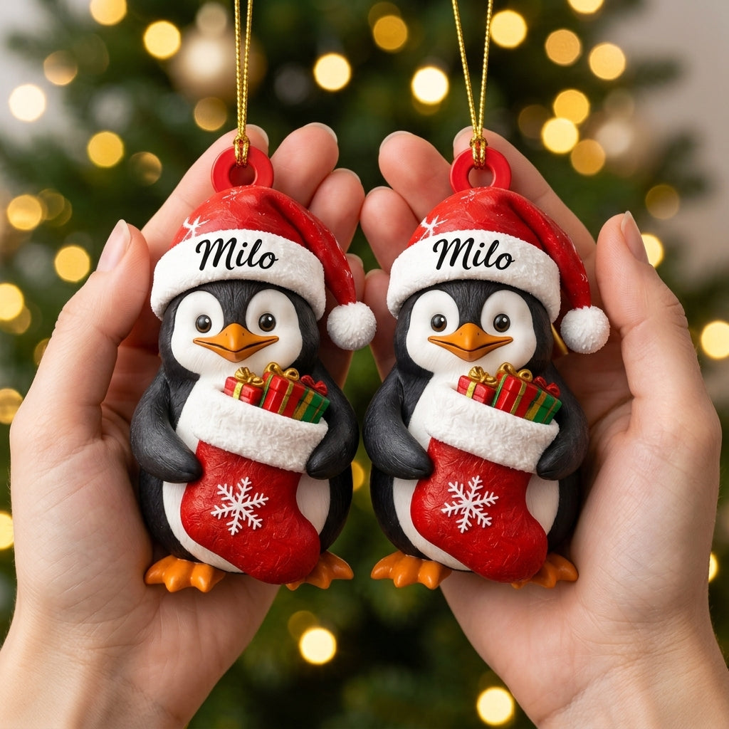 Personalized Penguin with Christmas Stocking Wood & Acrylic Ornament - Custom Gift for Penguin Lovers - mockup 2