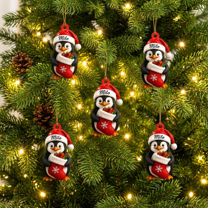 Personalized Penguin with Christmas Stocking Wood & Acrylic Ornament - Custom Gift for Penguin Lovers - mockup 3