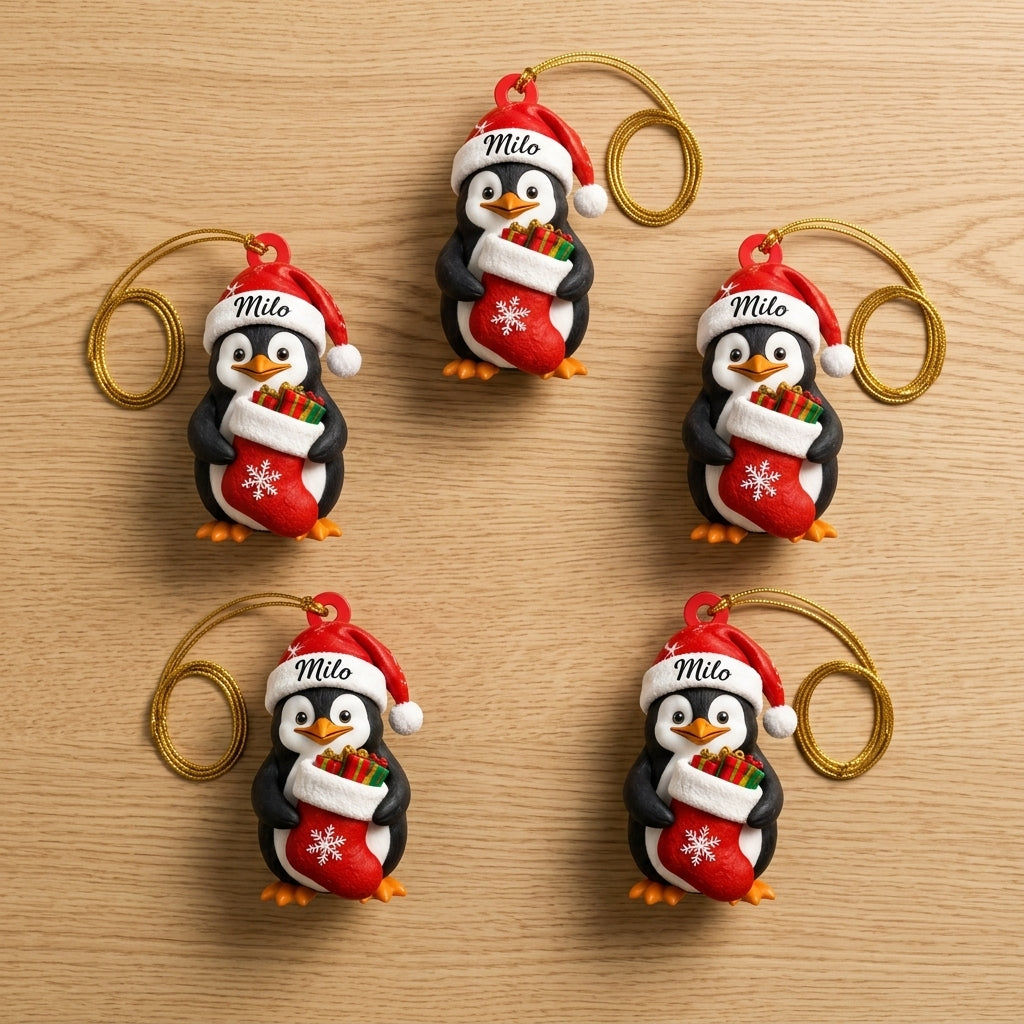 Personalized Penguin with Christmas Stocking Wood & Acrylic Ornament - Custom Gift for Penguin Lovers - mockup 4