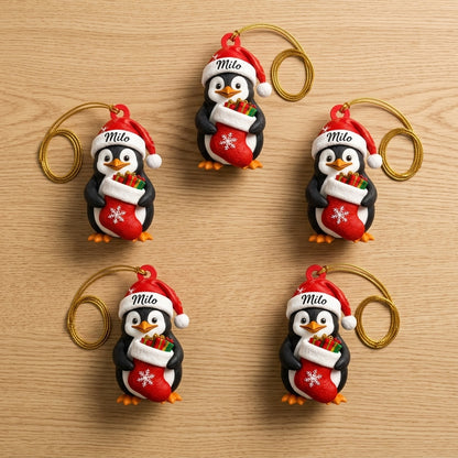 Personalized Penguin with Christmas Stocking Wood & Acrylic Ornament - Custom Gift for Penguin Lovers - mockup 4