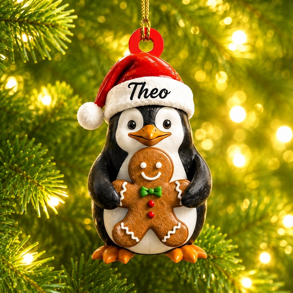 Personalized Festive Penguin Holding Christmas Gingerbread Wood & Acrylic Ornament - mockup 1