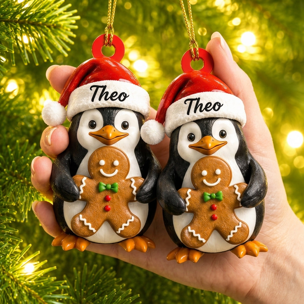 Personalized Festive Penguin Holding Christmas Gingerbread Wood & Acrylic Ornament - mockup 2