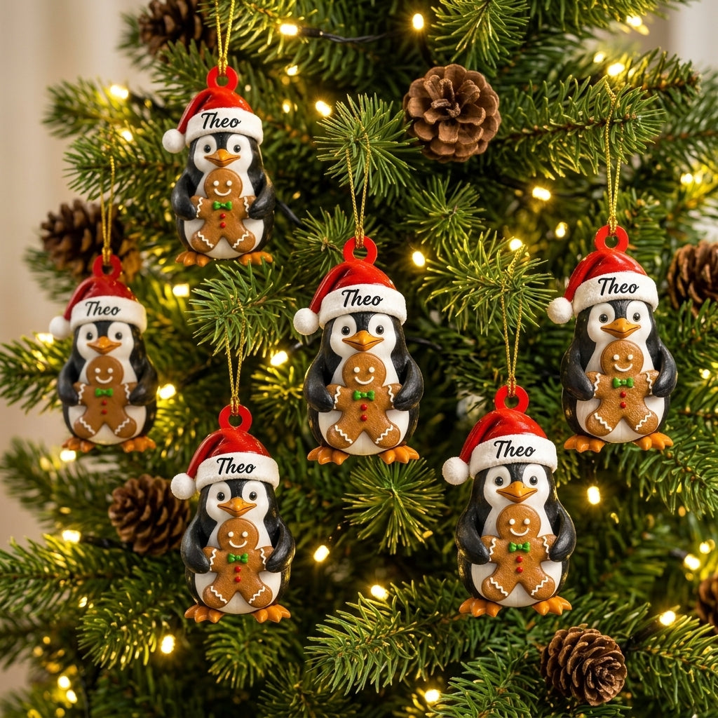 Personalized Festive Penguin Holding Christmas Gingerbread Wood & Acrylic Ornament - mockup 3