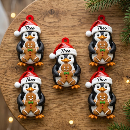 Personalized Festive Penguin Holding Christmas Gingerbread Wood & Acrylic Ornament - mockup 4