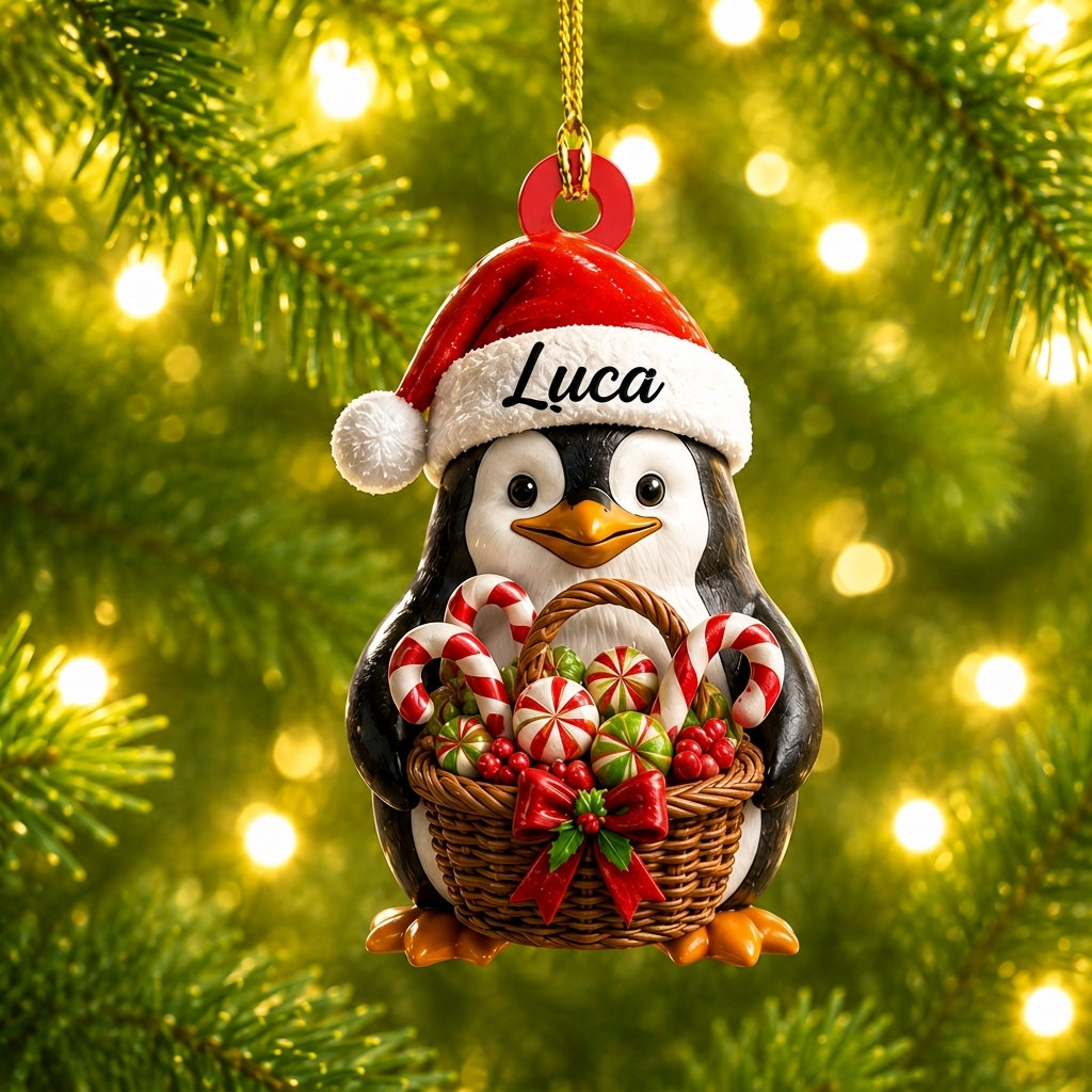 Personalized Penguin with Gifts & Candy Can Wood & Acrylic Ornament – Christmas Gift for Kids - mockup 1