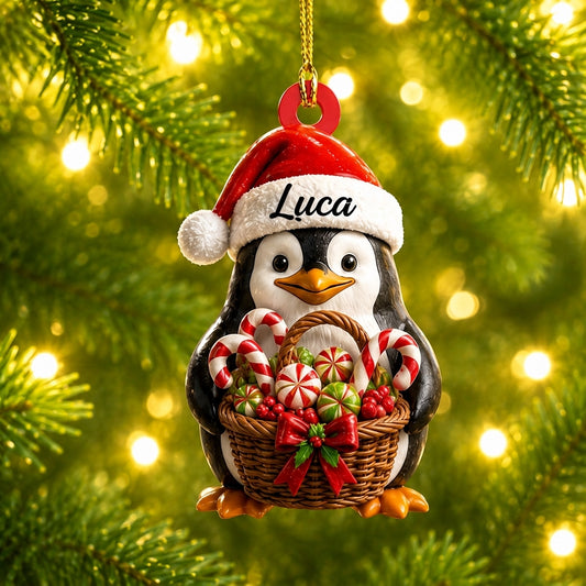 Personalized Penguin with Gifts & Candy Can Wood & Acrylic Ornament – Christmas Gift for Kids - mockup 1