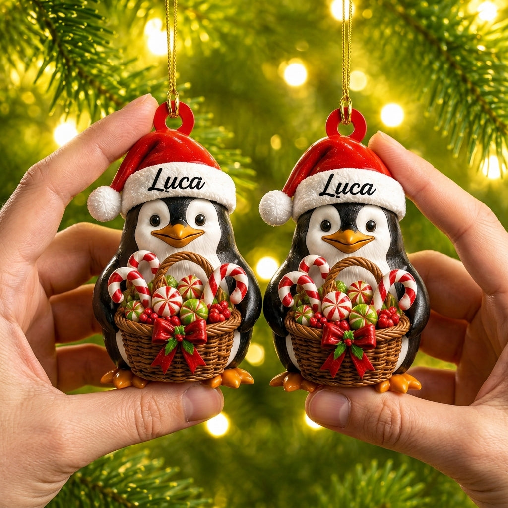 Personalized Penguin with Gifts & Candy Can Wood & Acrylic Ornament – Christmas Gift for Kids - mockup 2