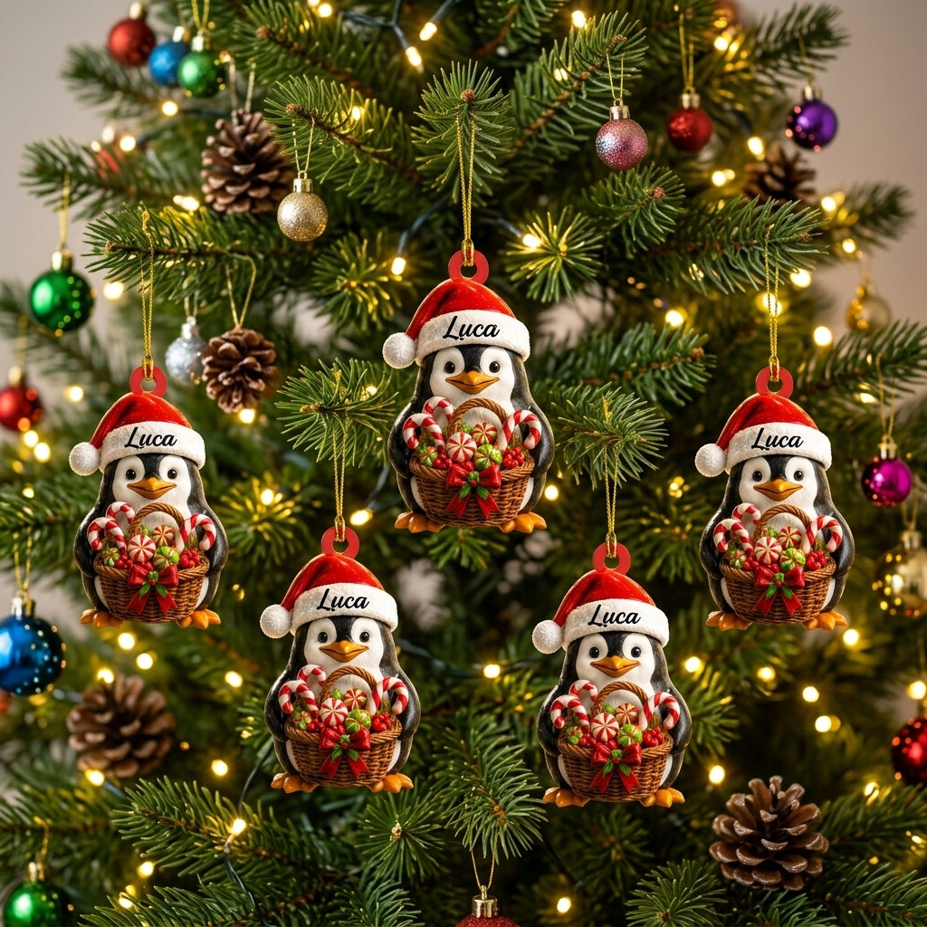 Personalized Penguin with Gifts & Candy Can Wood & Acrylic Ornament – Christmas Gift for Kids - mockup 3