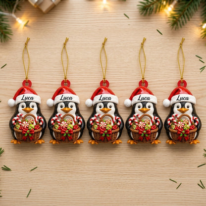Personalized Penguin with Gifts & Candy Can Wood & Acrylic Ornament – Christmas Gift for Kids - mockup 4