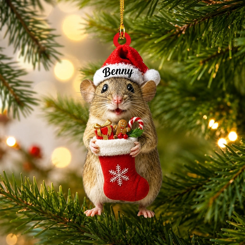 Personalized Cute Rat with Christmas Stocking Wood & Acrylic Ornament – Pet Keepsake Gift - mockup 1