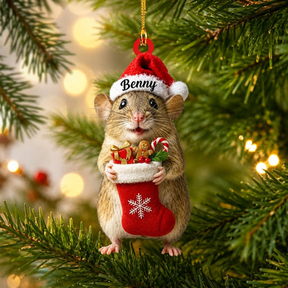 Personalized Cute Rat with Christmas Stocking Wood & Acrylic Ornament – Pet Keepsake Gift - mockup 1