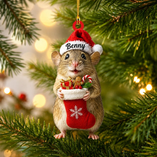 Personalized Cute Rat with Christmas Stocking Wood & Acrylic Ornament – Pet Keepsake Gift - mockup 1