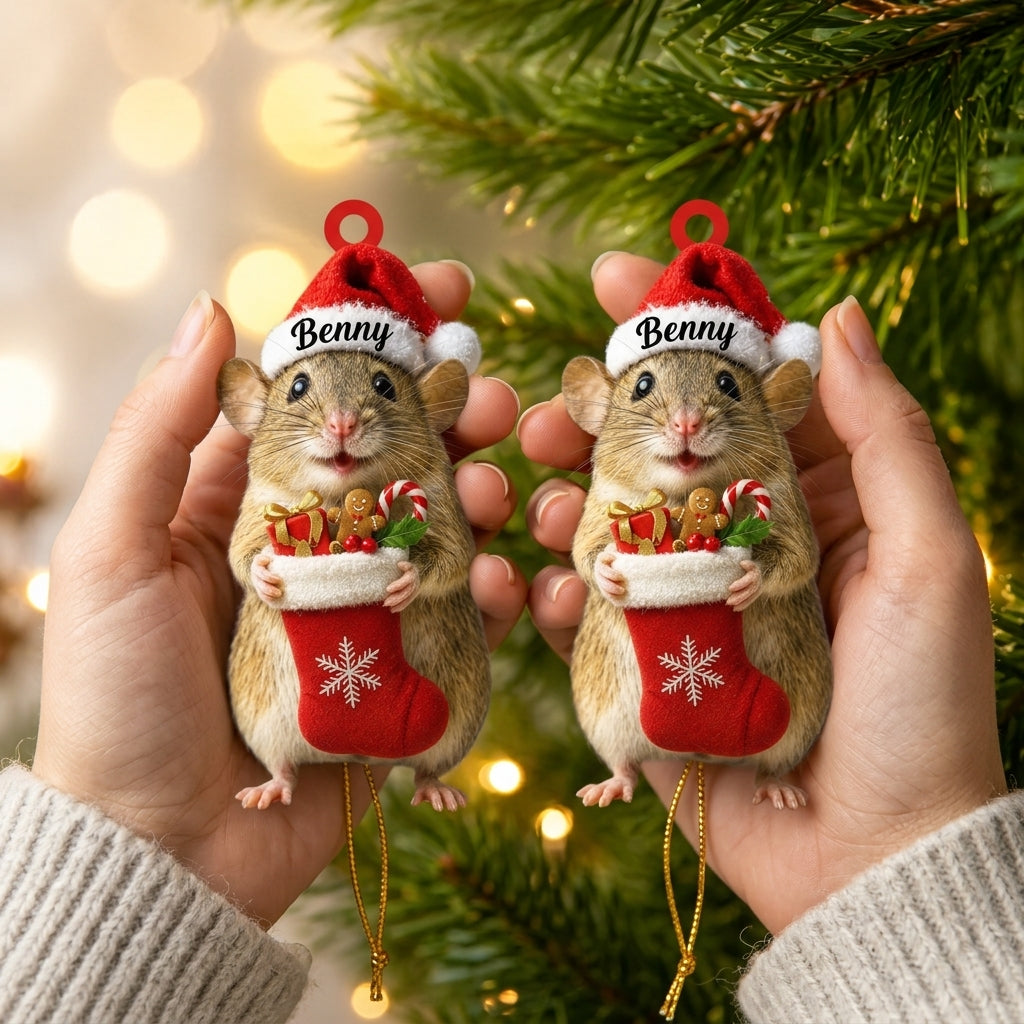 Personalized Cute Rat with Christmas Stocking Wood & Acrylic Ornament – Pet Keepsake Gift - mockup 2