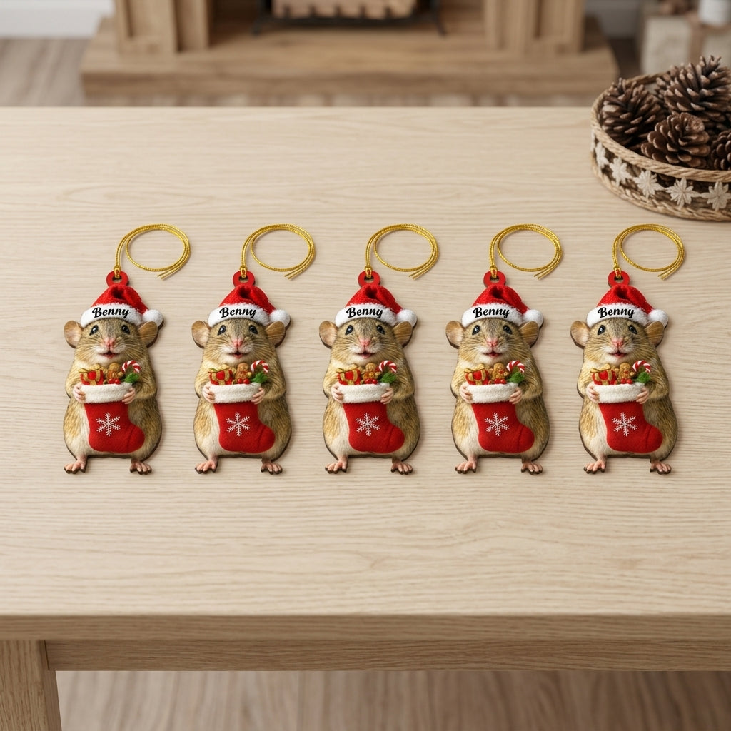 Personalized Cute Rat with Christmas Stocking Wood & Acrylic Ornament – Pet Keepsake Gift - mockup 4