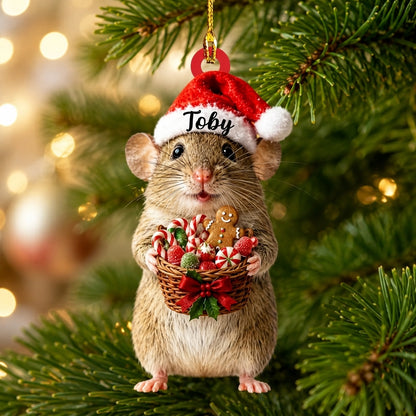 Personalized Cute Rat with Christmas Candy Basket Wood & Acrylic Ornament – Holiday Keepsake - mockup 1