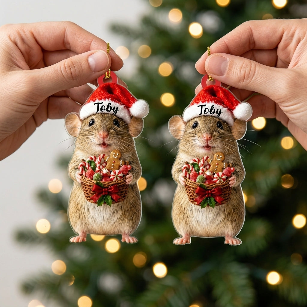 Personalized Cute Rat with Christmas Candy Basket Wood & Acrylic Ornament – Holiday Keepsake - mockup 2