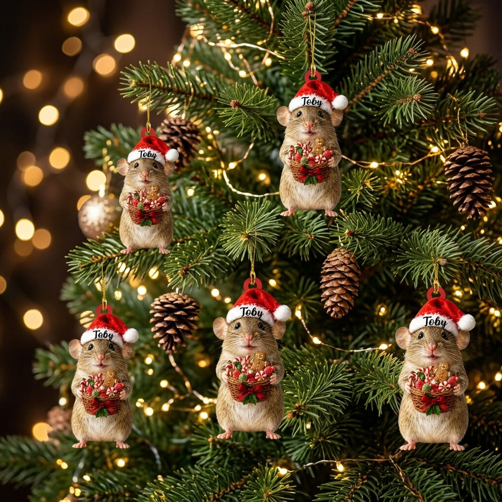 Personalized Cute Rat with Christmas Candy Basket Wood & Acrylic Ornament – Holiday Keepsake - mockup 3