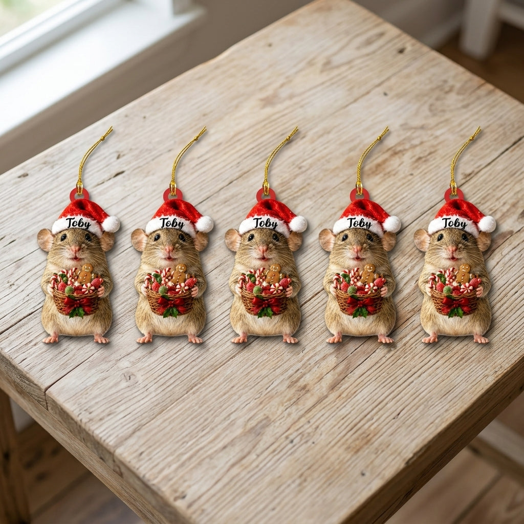 Personalized Cute Rat with Christmas Candy Basket Wood & Acrylic Ornament – Holiday Keepsake - mockup 4