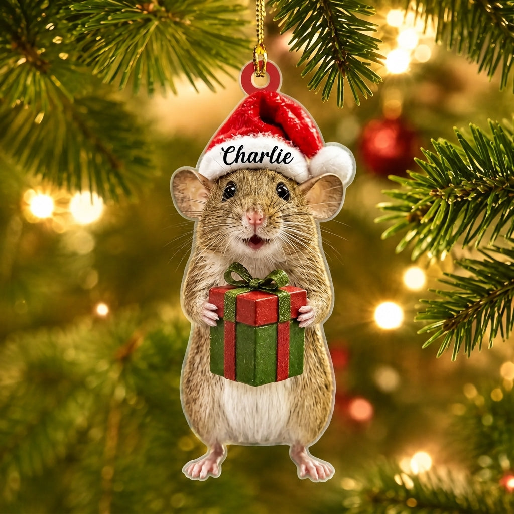 Personalized Cool Rat Holding Christmas Gift Box Wood & Acrylic Ornament – Animal Lover Gift - mockup 1