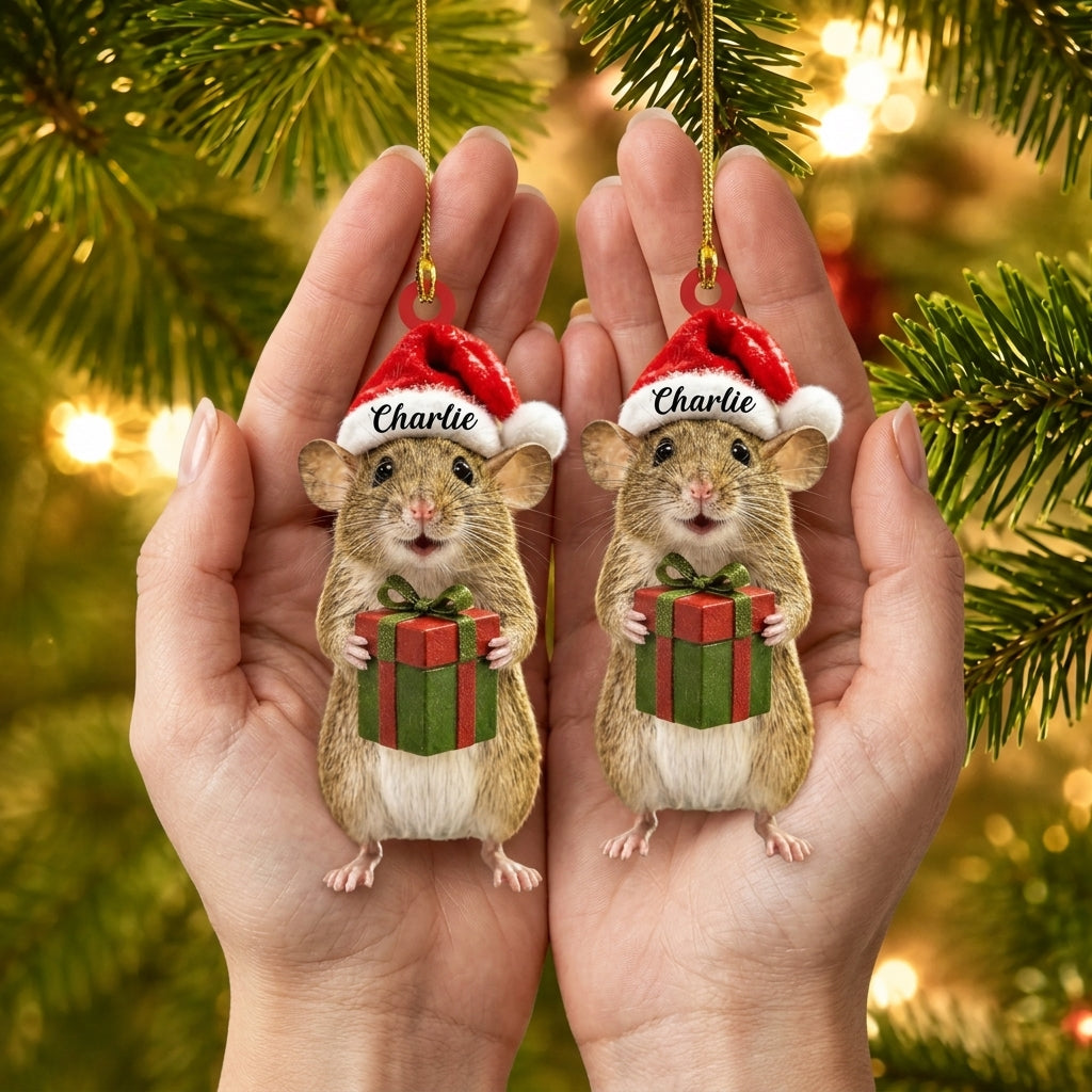 Personalized Cool Rat Holding Christmas Gift Box Wood & Acrylic Ornament – Animal Lover Gift - mockup 2