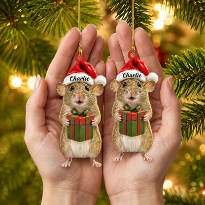 Personalized Cool Rat Holding Christmas Gift Box Wood & Acrylic Ornament – Animal Lover Gift - mockup 2