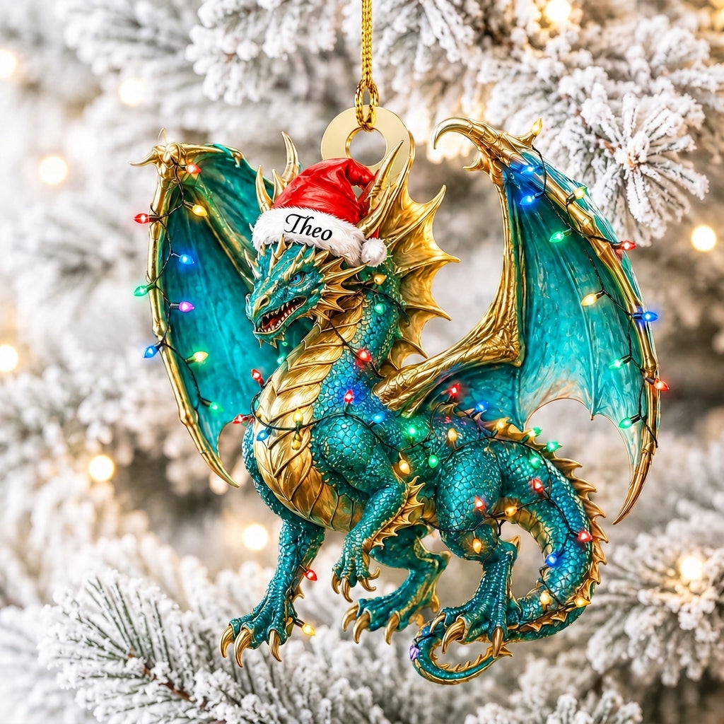 Personalized Blue Dragon Holiday Christmas Wood & Acrylic Ornament – Festive Mythical Gift - mockup 1