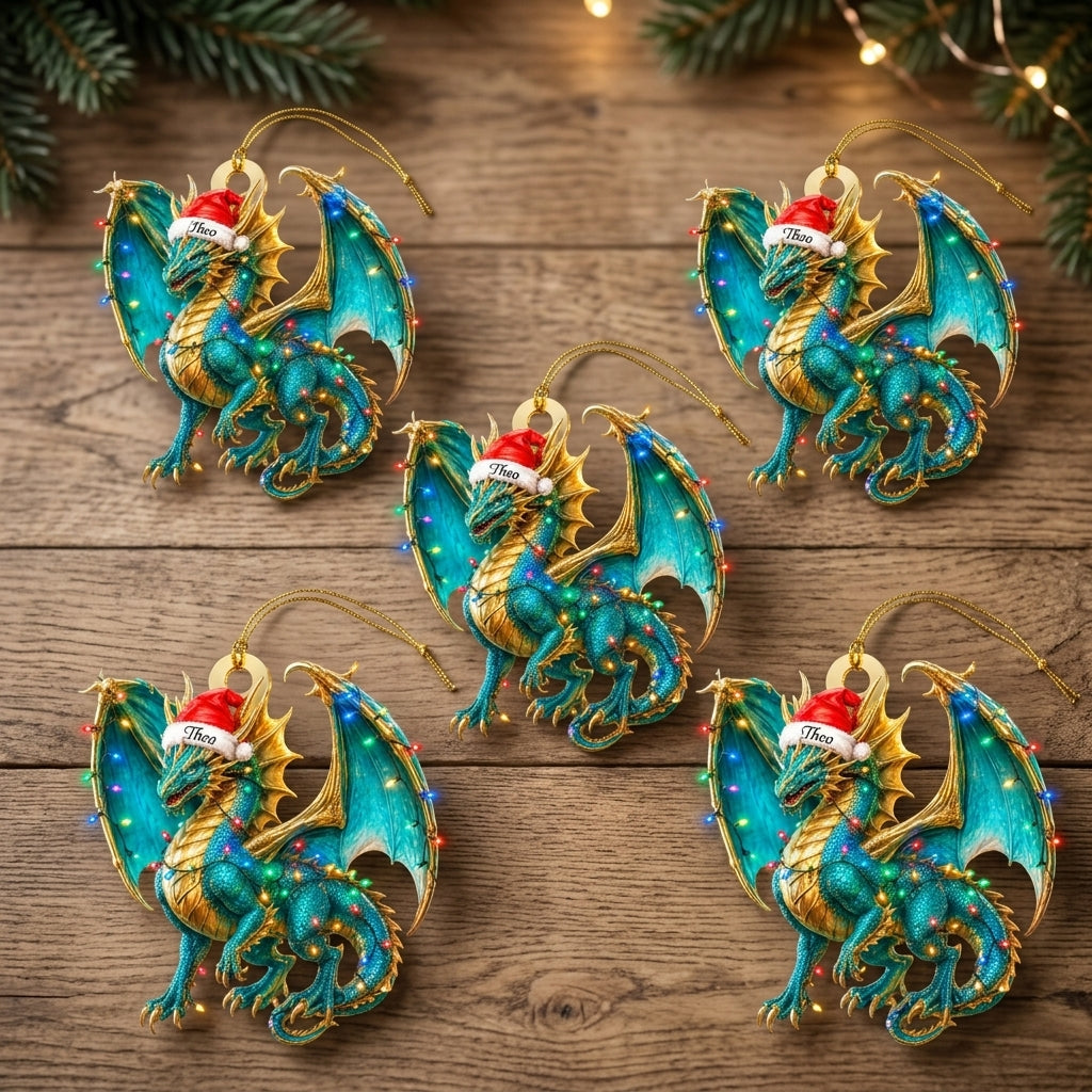 Personalized Blue Dragon Holiday Christmas Wood & Acrylic Ornament – Festive Mythical Gift - mockup 4