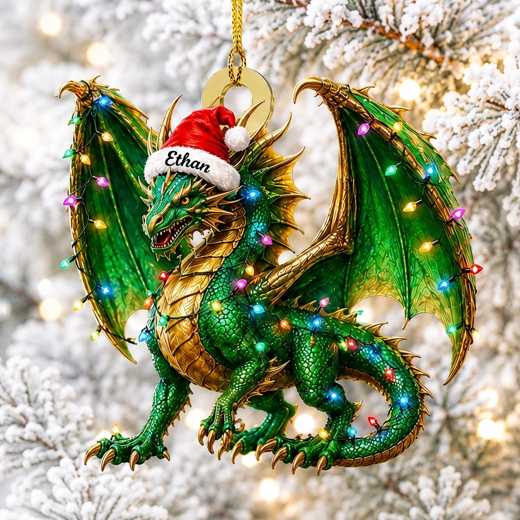 Personalized Green Dragon Holiday Christmas Wood & Acrylic Ornament - Mythical Creature Gift - mockup 1