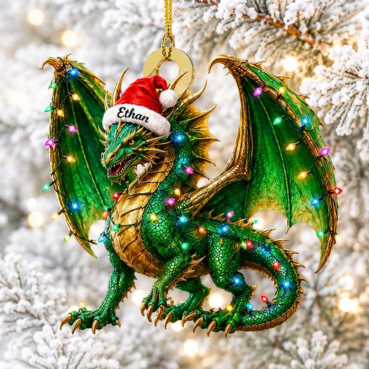Personalized Green Dragon Holiday Christmas Wood & Acrylic Ornament - Mythical Creature Gift - mockup 1