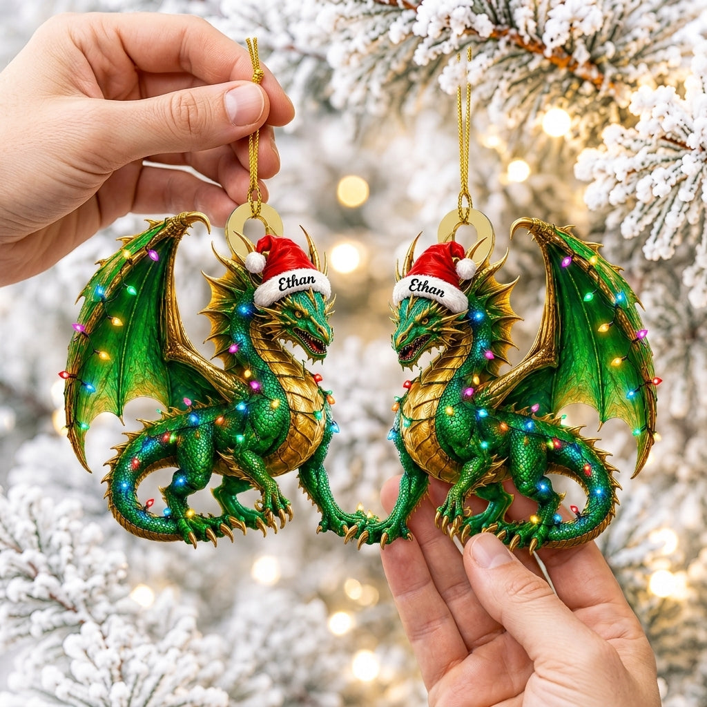 Personalized Green Dragon Holiday Christmas Wood & Acrylic Ornament - Mythical Creature Gift - mockup 2
