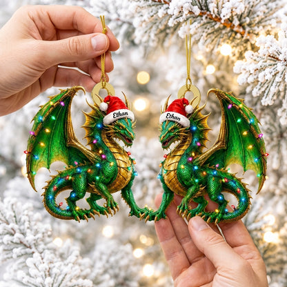 Personalized Green Dragon Holiday Christmas Wood & Acrylic Ornament - Mythical Creature Gift - mockup 2