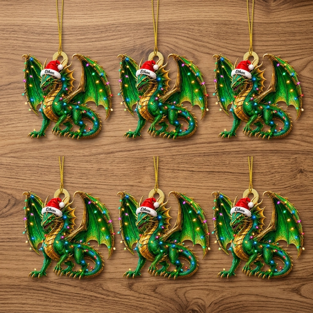 Personalized Green Dragon Holiday Christmas Wood & Acrylic Ornament - Mythical Creature Gift - mockup 4