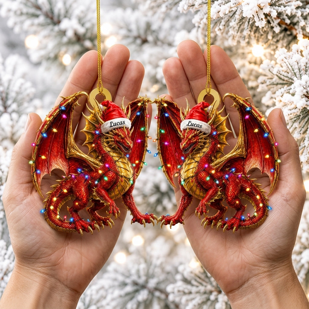 Personalized Red Dragon with Christmas Led Lights Wood & Acrylic Ornament – Custom Holiday Gift - mockup 2