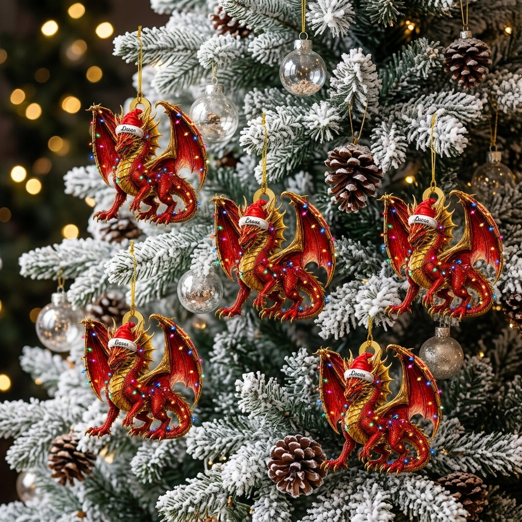 Personalized Red Dragon with Christmas Led Lights Wood & Acrylic Ornament – Custom Holiday Gift - mockup 3