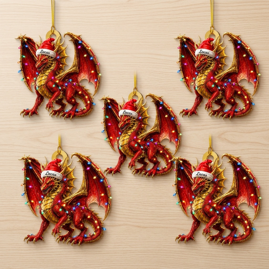 Personalized Red Dragon with Christmas Led Lights Wood & Acrylic Ornament – Custom Holiday Gift - mockup 4